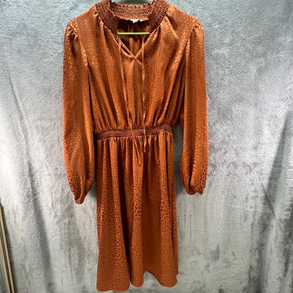 Chenault Dress Women S Leopard Satin Smocked Waist Midi Peasant Boho Romantic